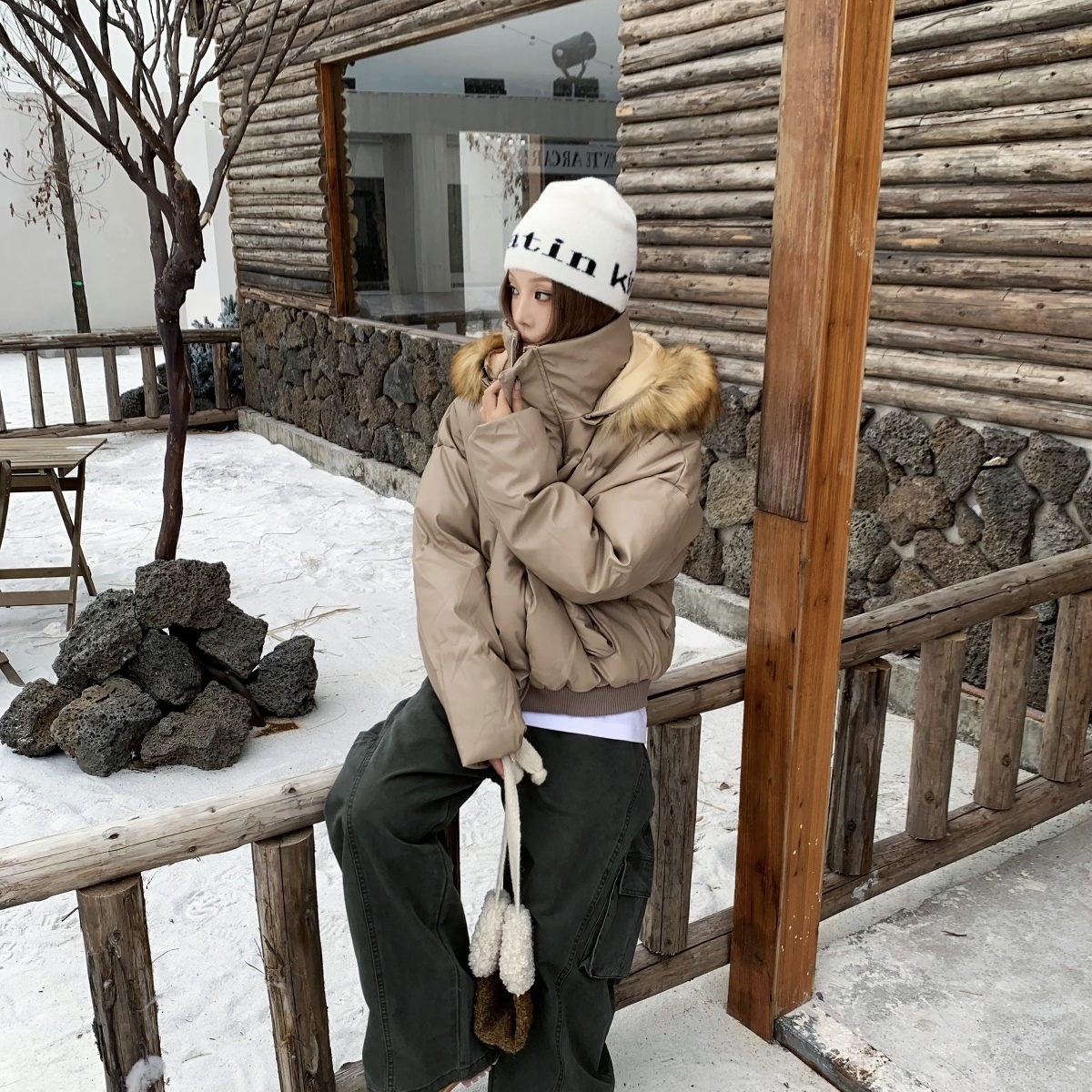 YearnObtainRainbow毛领立领连帽重磅棉服2025新款外套男女同款