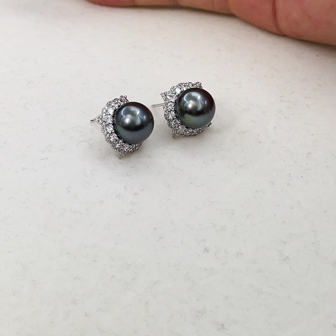 海水珍珠耳饰银S925镶嵌O****_11-12大溪地成品