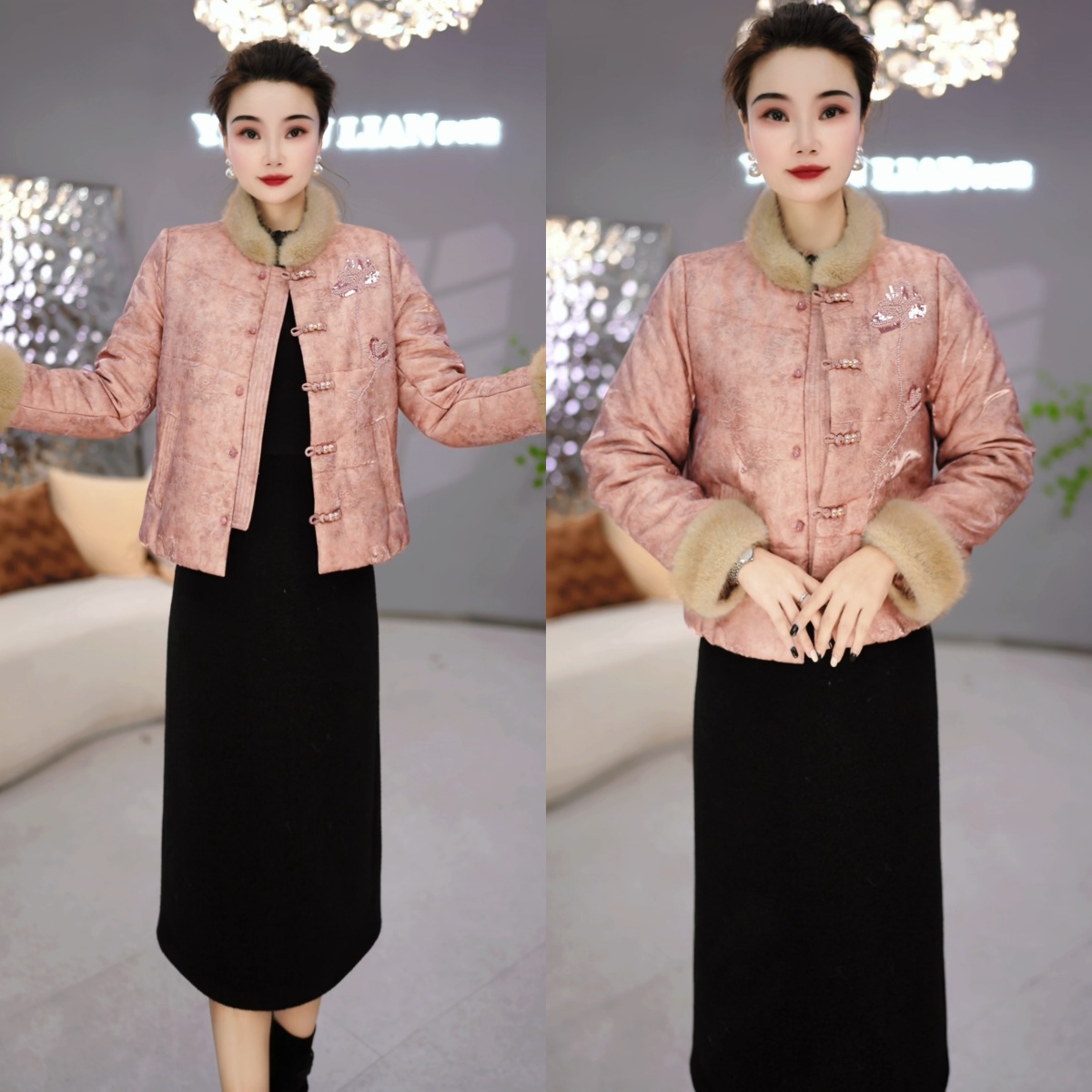 外套+连衣裙 2025冬季时尚女士中式气质立式毛领保暖套装裙M-4XL