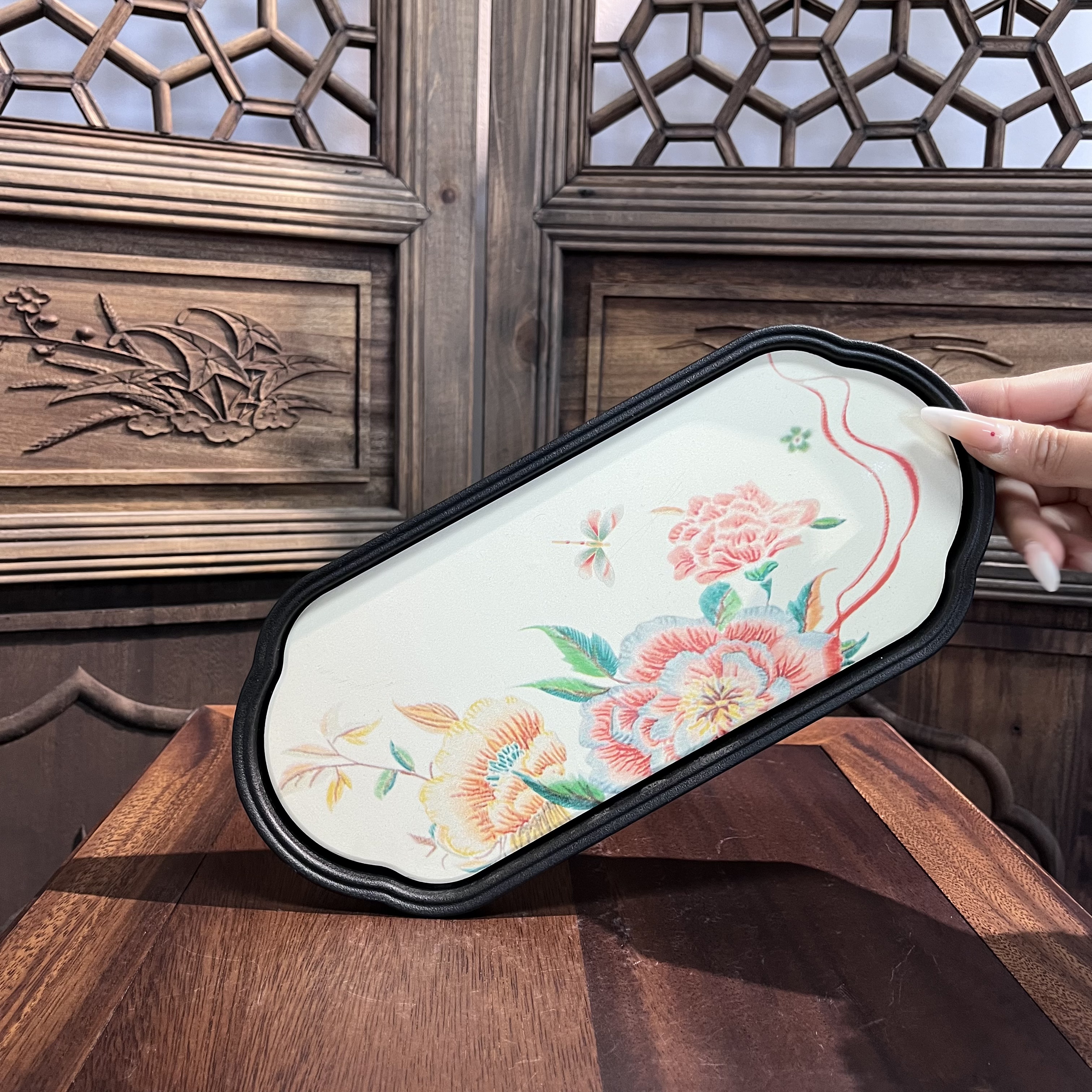 【闪购链接】D-0026 海棠形 牡丹飘带吸水茶盘