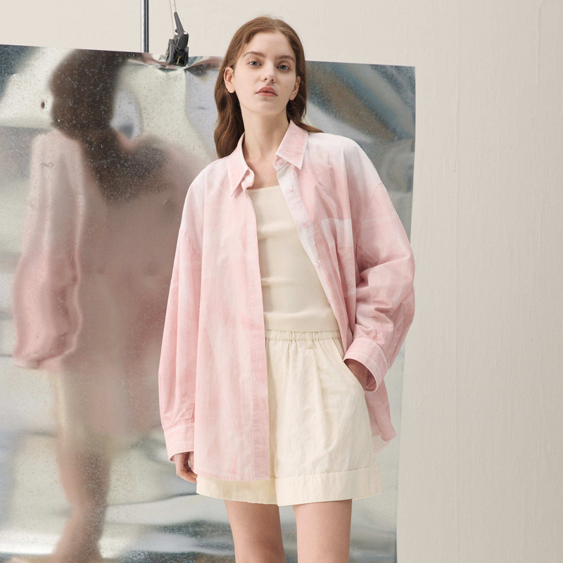 谜底大廓形衬衣长袖2026年春季新品原创蓝晒印花衬衫女261MC0237