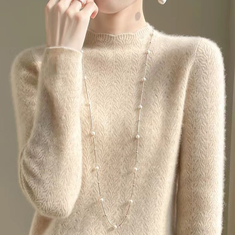 100羊毛女士短款提花镂空提花羊毛衫百搭厚款针织长袖加厚