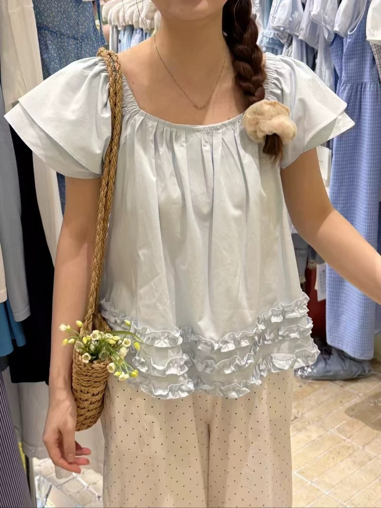 夏季新款韩版时尚纯色领系带木耳边宽松上衣