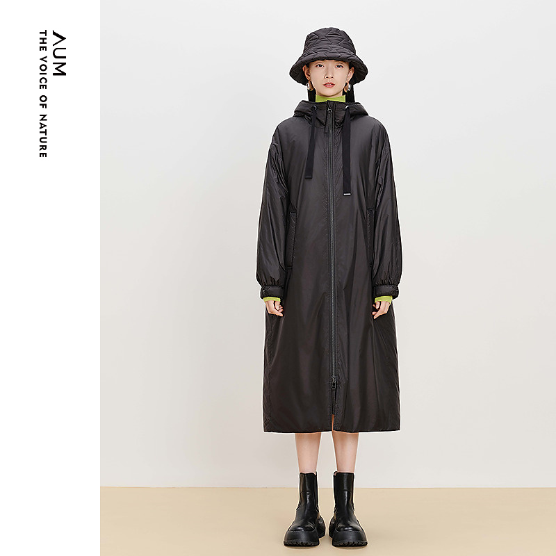 AUM25年时尚休闲黑色宽松连帽女士中长款棉衣M1EG4863L 