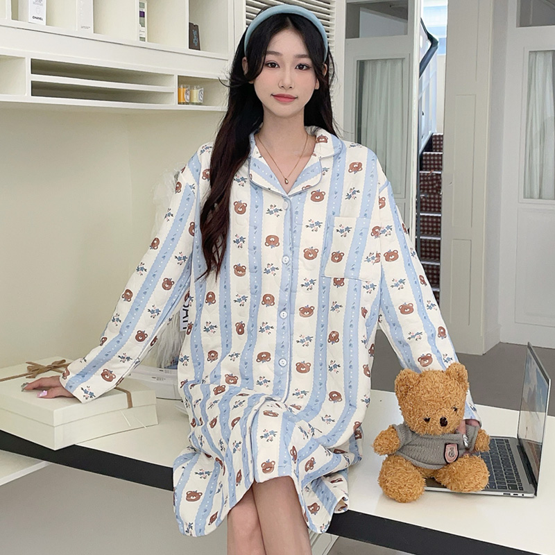【空气棉柔萌系】韩系小熊印花睡裙女秋冬季长袖开衫翻领宽松家居服
