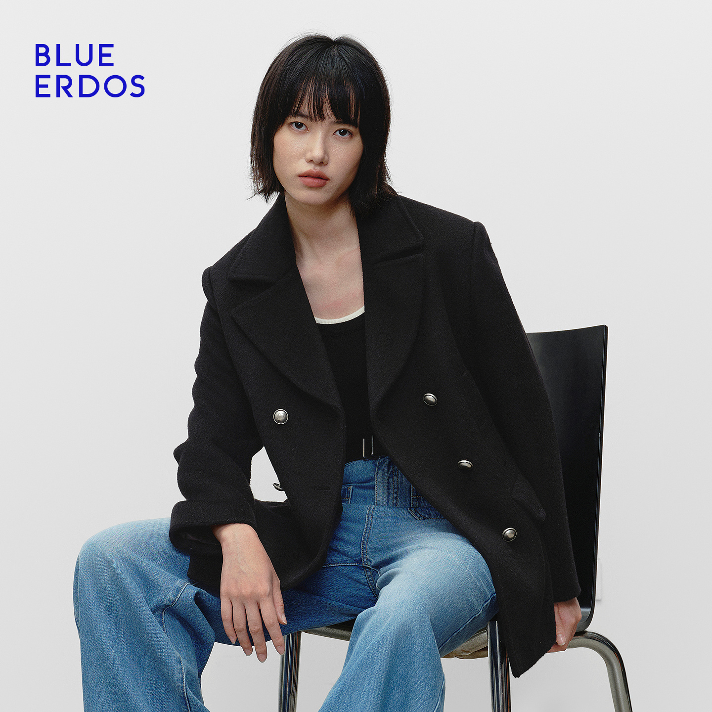 BLUE ERDOS 2025秋冬新品复古简约黑色毛呢外套女大衣B256K6702