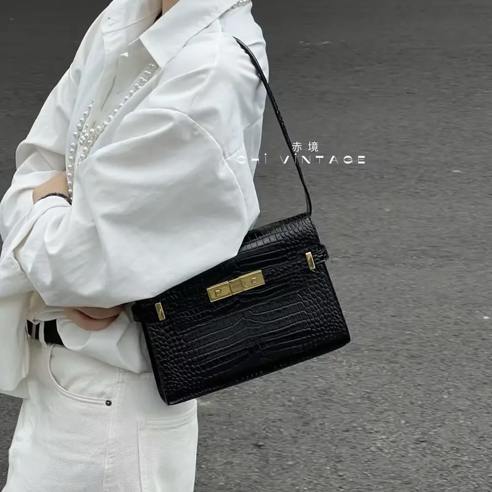 99新 YSL/圣罗兰 2922 黑金鳄压纹曼哈顿单肩包