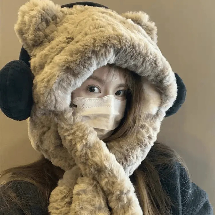 冬季加厚可爱耳机小熊帽子围巾一体毛绒护耳雷锋帽骑车防寒套头帽