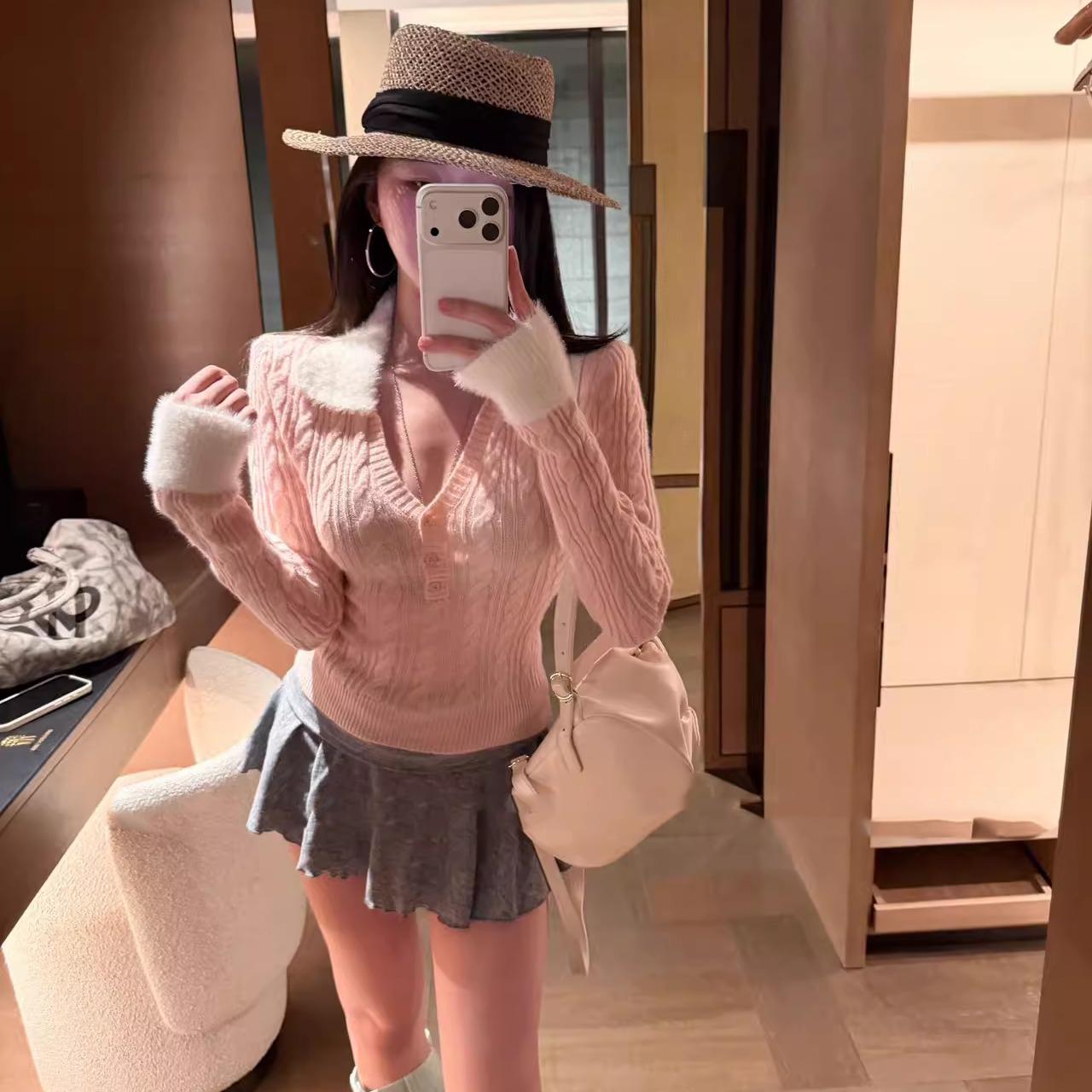 2025秋季韩系新款纯欲毛毛领v领拼接针织衫修身显瘦百搭长袖上衣