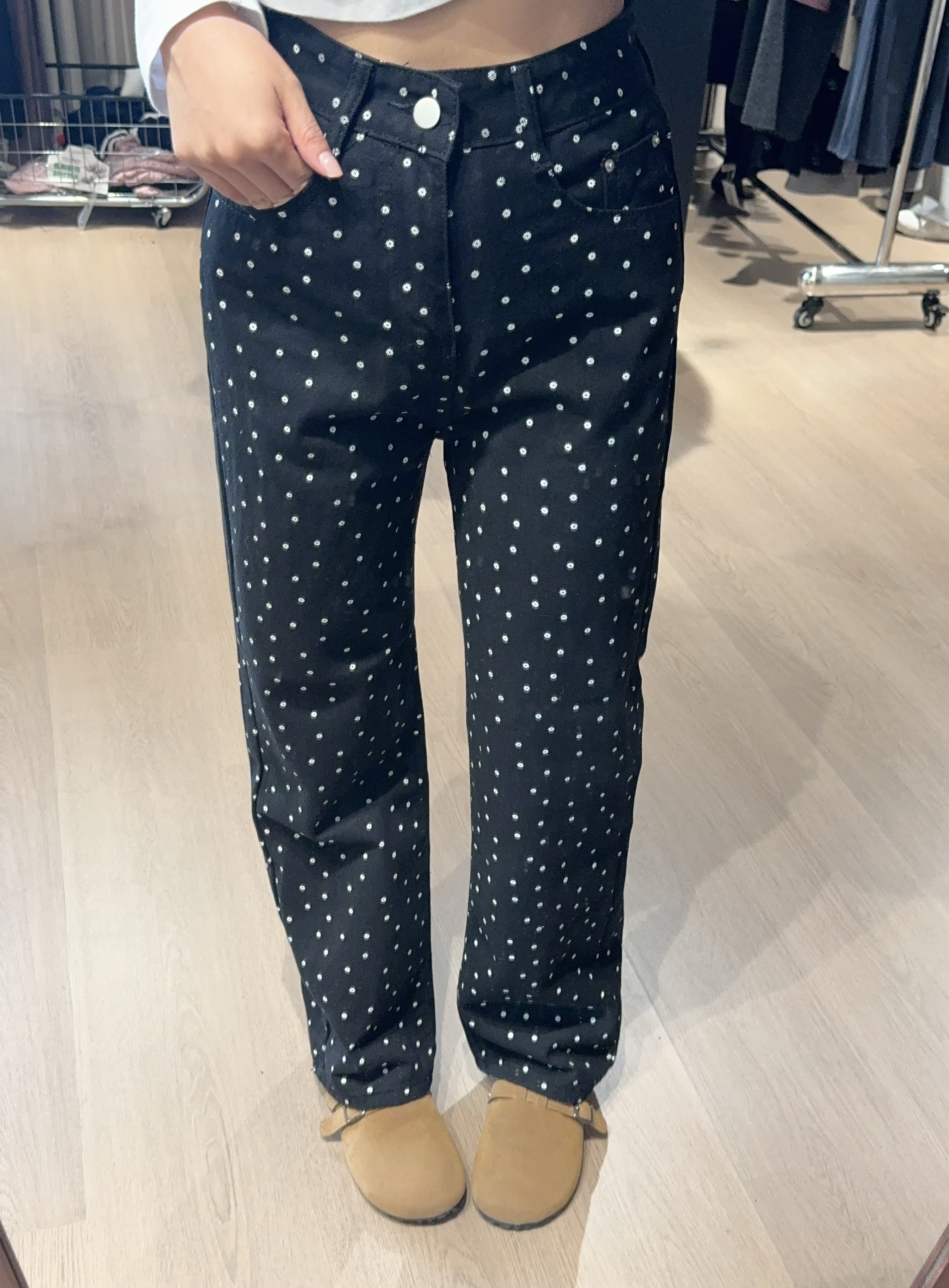 大码复古碎花波点牛仔裤女春秋高街黑色裤子高腰直筒宽松阔腿长裤