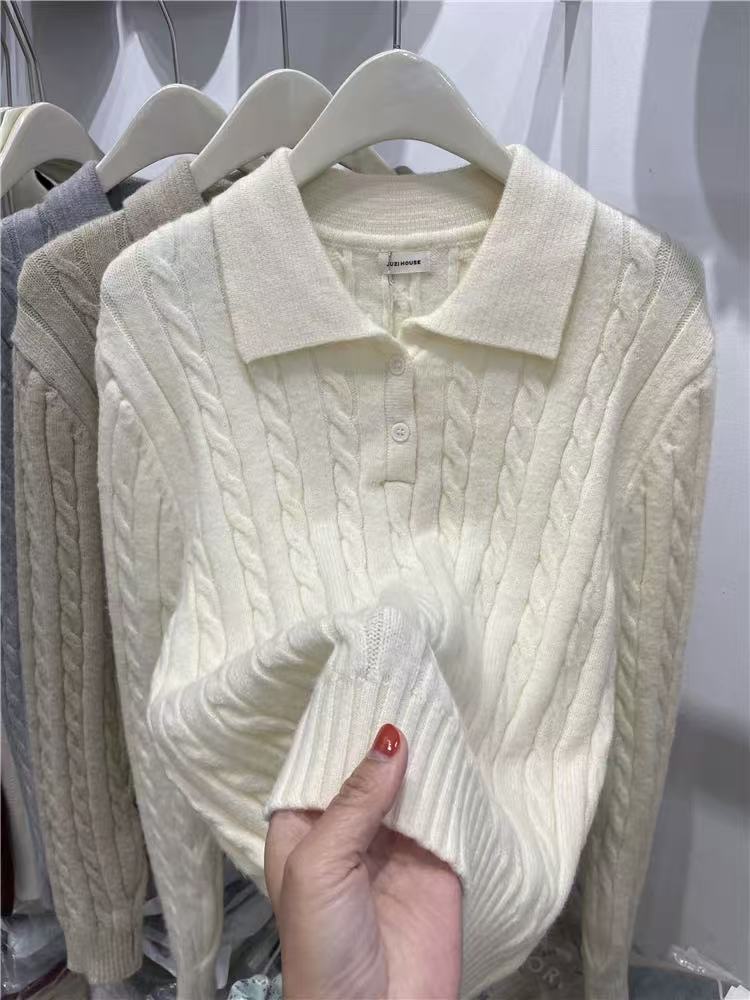 【方领~两粒扣】韩版复古麻花纹短款针织衫女秋季polo领长袖毛衣潮