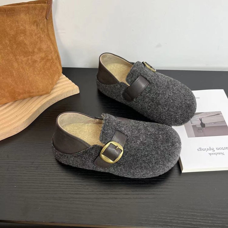 2025勃肯鞋女新款秋季加绒呢料一脚蹬豆豆鞋博肯单鞋女