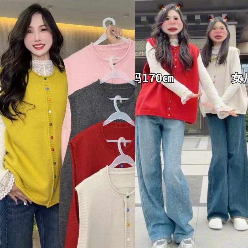 雅希定制~【彩虹扣】减龄叠穿毛衣马甲卷边圆领百搭显瘦无袖马甲