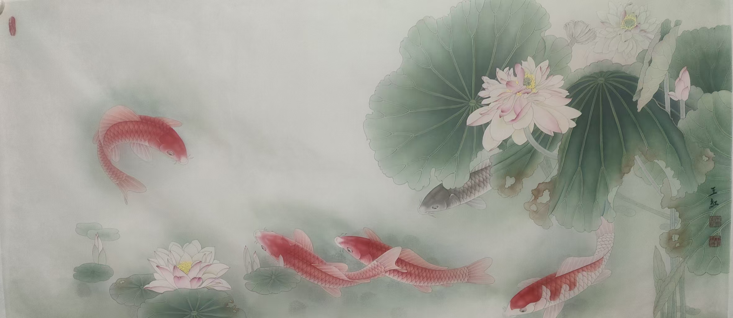 王红书画家原创作品  工笔荷花鱼   137x63cm