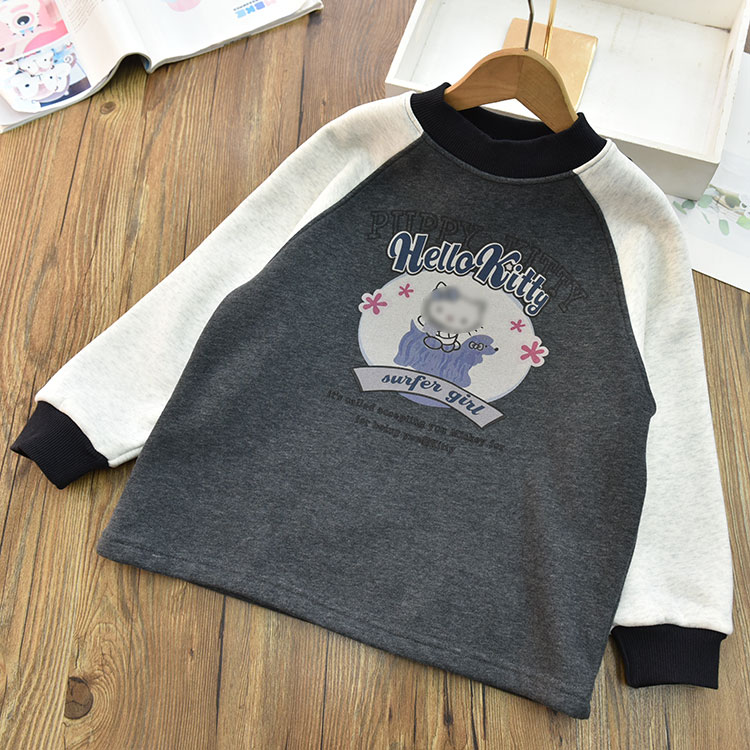 女童一体绒保暖柔软插肩袖印花卫衣 中大儿童中长款上衣冬