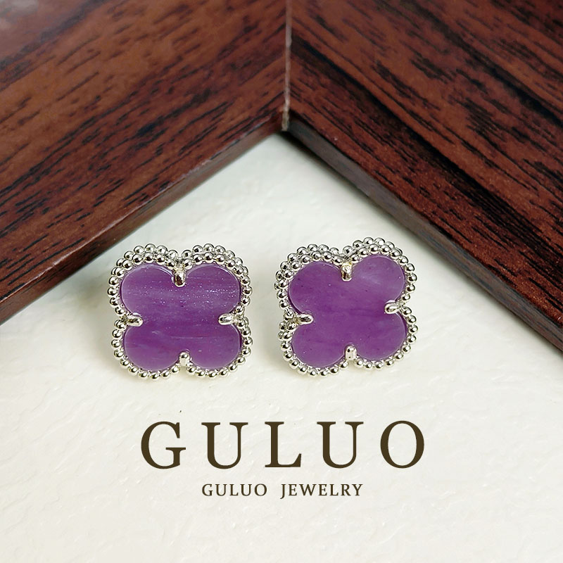 合金耳饰 GULUO 银边紫罗兰色四叶花耳钉耳饰
