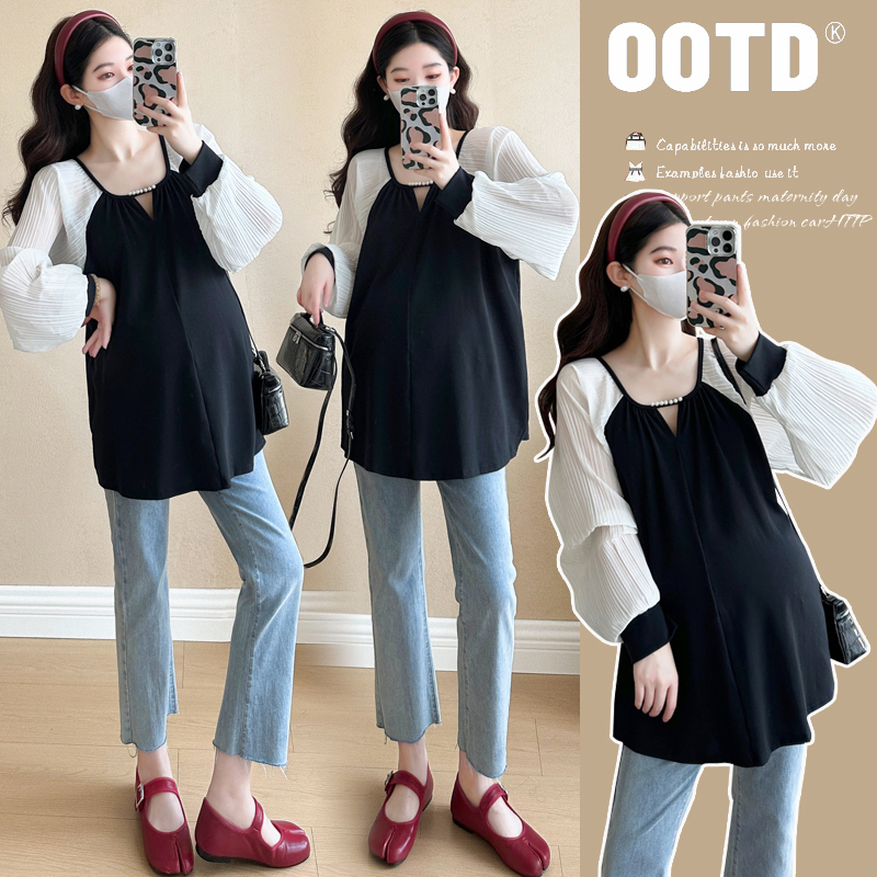 2025新款有货实拍现货春韩版秋拼接宽松弹力雪纺休闲遮肚气质T恤