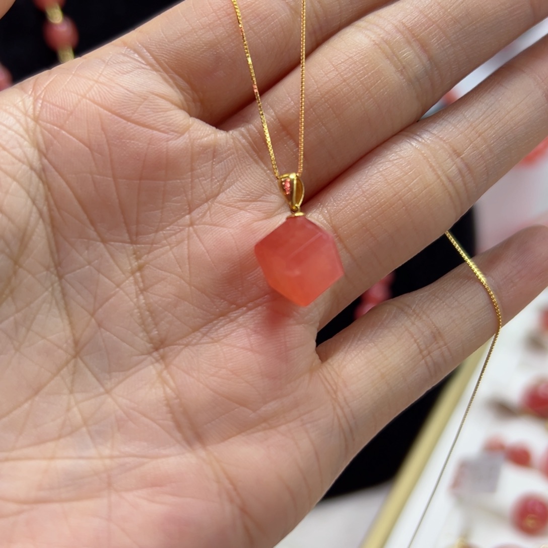 ****_18K金镶嵌菱锰矿（红纹石）吊坠(赠链)