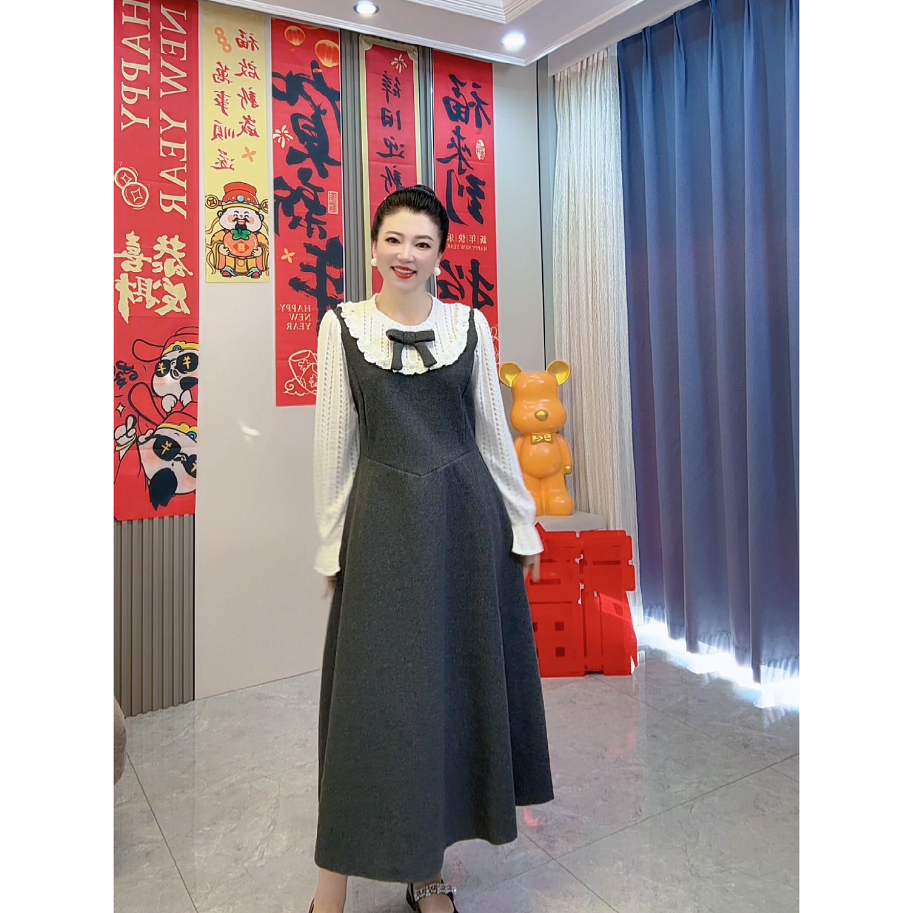 加大码女装拼色长袖假两件连衣裙胖妹妹中长款显瘦减龄韩版淑女裙