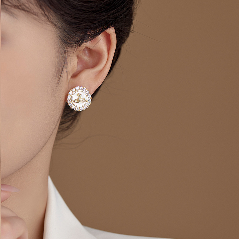 925银耳饰 208号新款法式圆形土星耳钉轻奢微镶锆石气质925银针