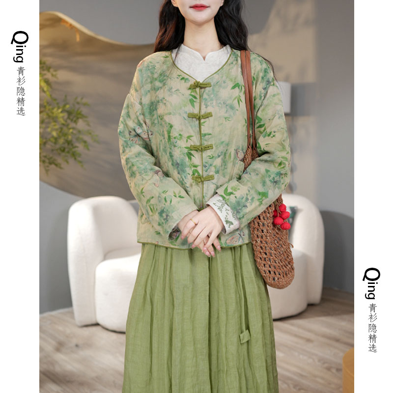 6201复古国风印花棉麻衬衫女春季新款宽松圆领盘扣开衫禅意上衣