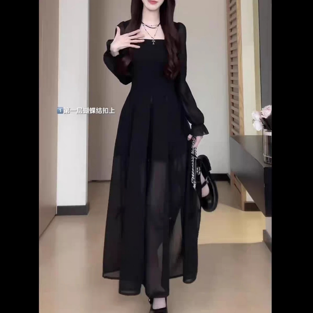 法式蝴蝶结连衣裙女春夏初恋清纯桔梗减龄收腰独特绝美雪纺黑裙子