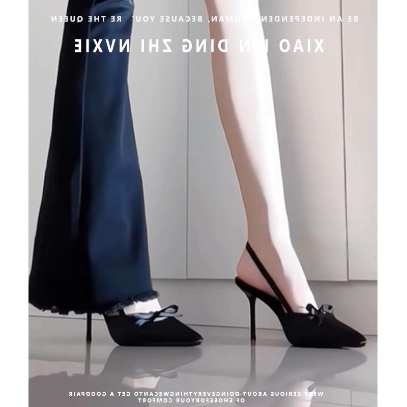 法式高级感凉鞋女气质细跟蝴蝶结银色高跟鞋秋季新款小众绸缎单鞋