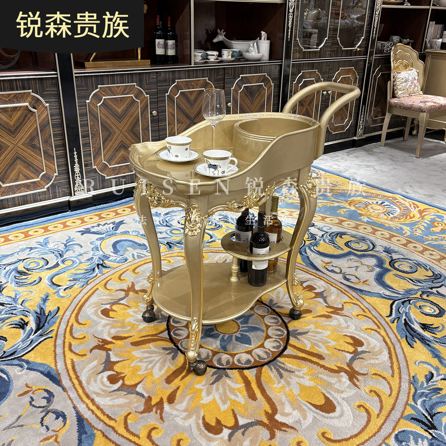 法式实木餐车 欧式小推车雕刻家用置物架双层奢华餐厅移动手推车