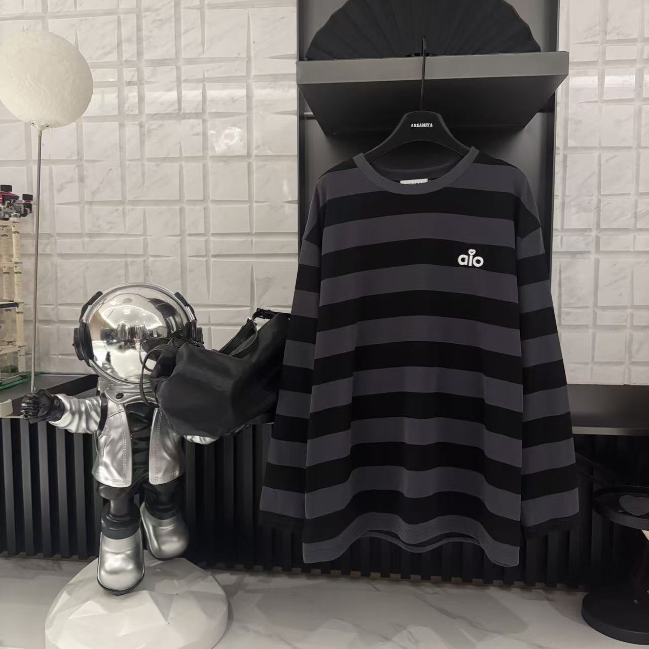 【条纹DNA】女款秋季宽松大版型潮牌条纹字母长袖T恤CP551