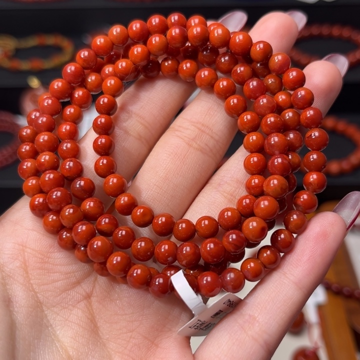 南红玛瑙未镶嵌手链满肉柿子红玫红双色5.5+mm圆珠多圈