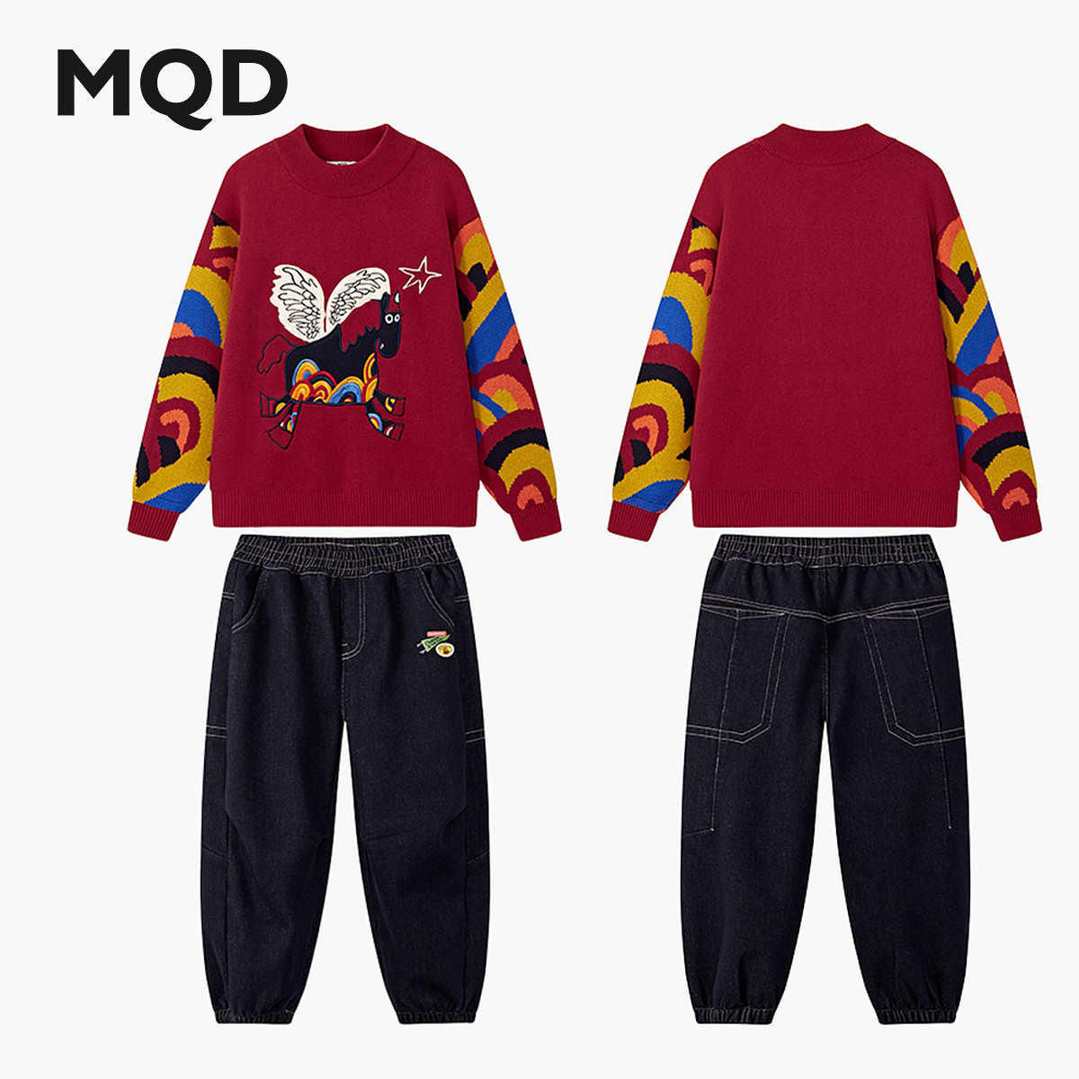 【拜年服】MQD男童25冬新款喜庆彩虹半高领毛衣套装TCW07C3