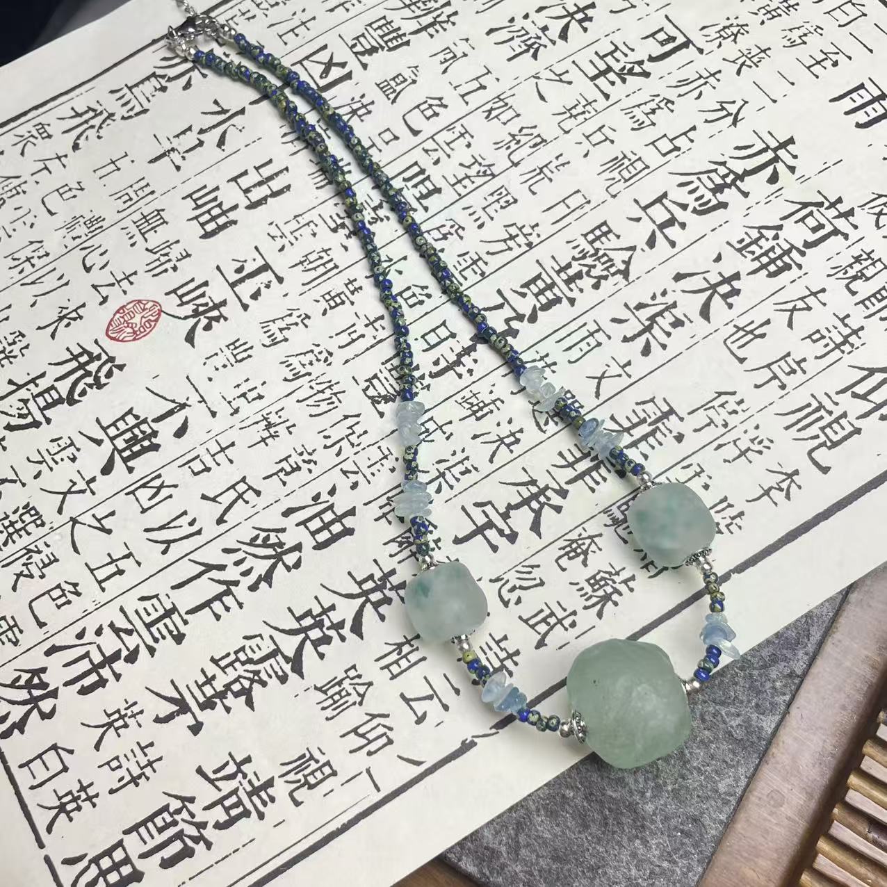 合金项链 LZ7311 浅蓝绿色碎碎冰绳编琉璃项链