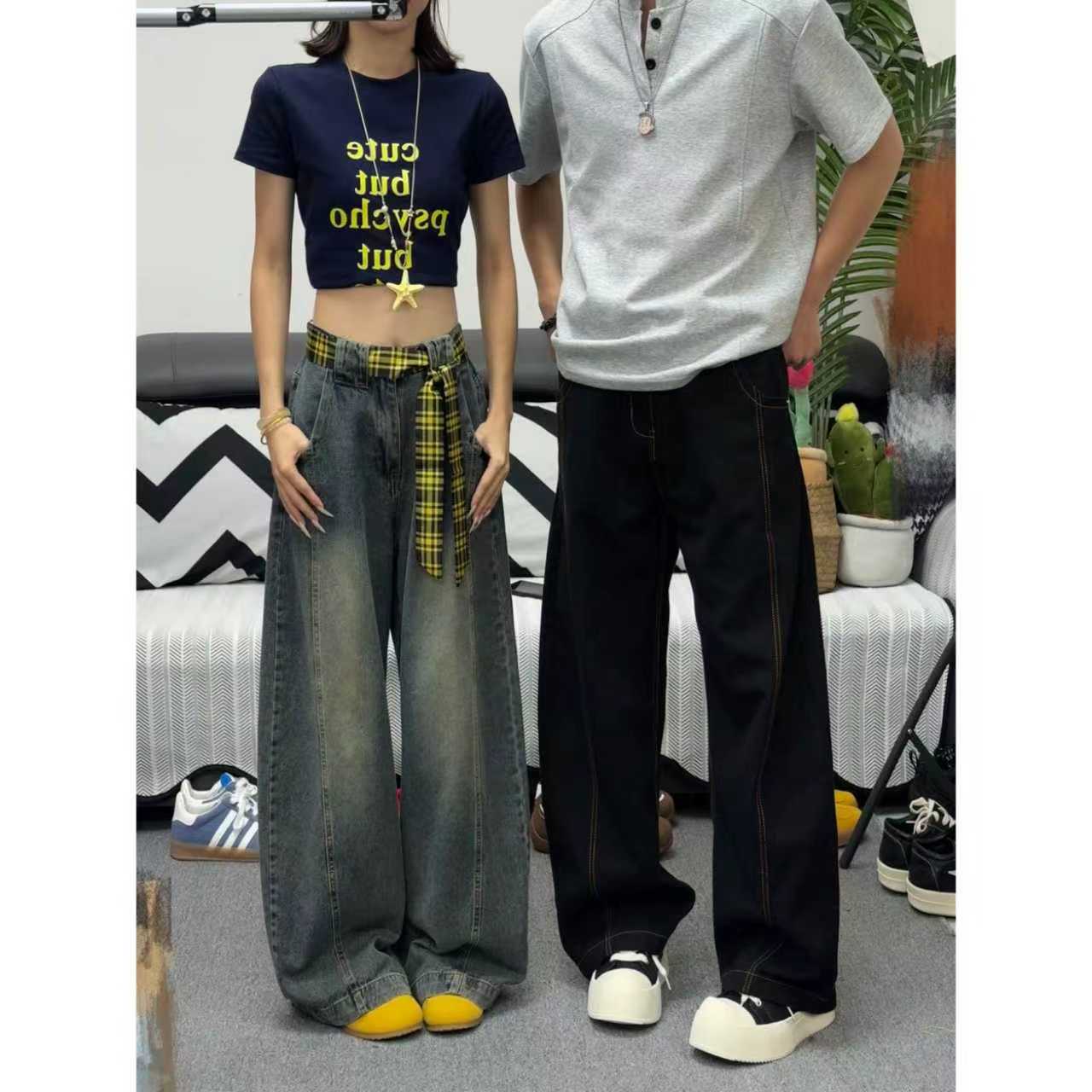 美式高街潮牌阔腿弯刀牛仔裤男生春秋新款大码宽松直筒拖地长裤子