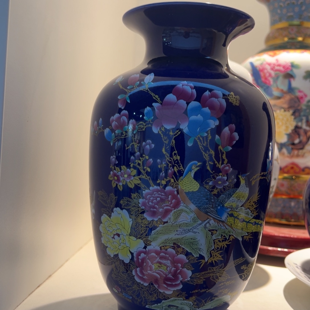 摆件陶22cm蓝色锦鸡冬瓜瓶