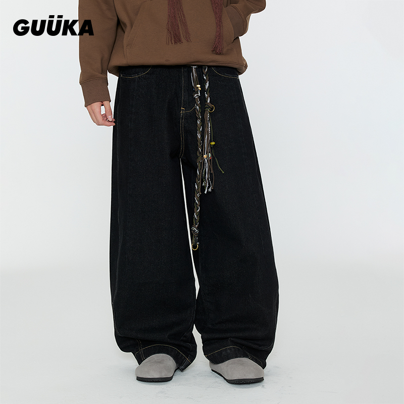 Guuka/古由卡潮牌黑色弯刀裤男款撞钉牛仔长裤 美式vibe裤子X5282