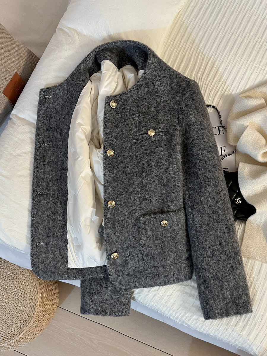 灰色韩系名媛加厚小香风毛呢短外套女2024新款冬季小个子上衣