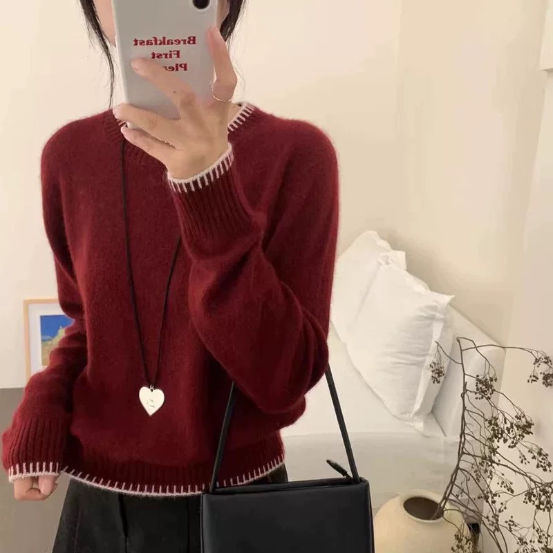 洋气拼色设计100%羊毛衫女秋冬新圆领宽松2025打底毛衣加厚针织衫