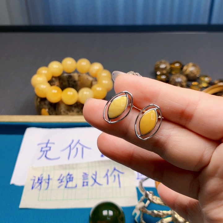 琥珀银S925镶嵌耳饰波兰设计款琥珀蜜蜡