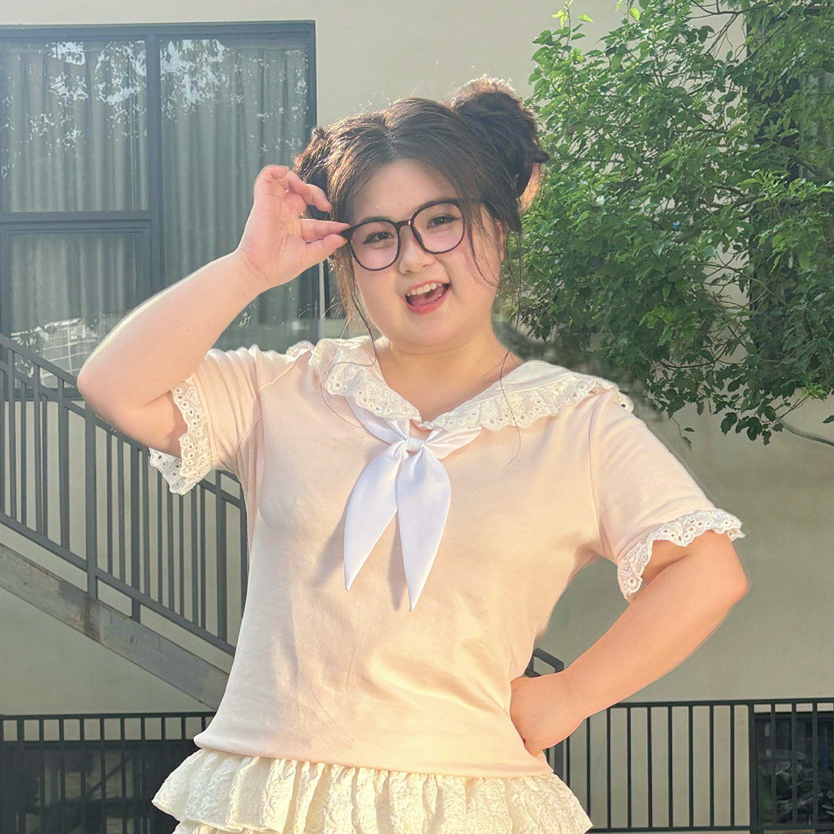 蕾丝花边海军领子上衣大码微胖修身可爱甜美风格短袖T恤秋季