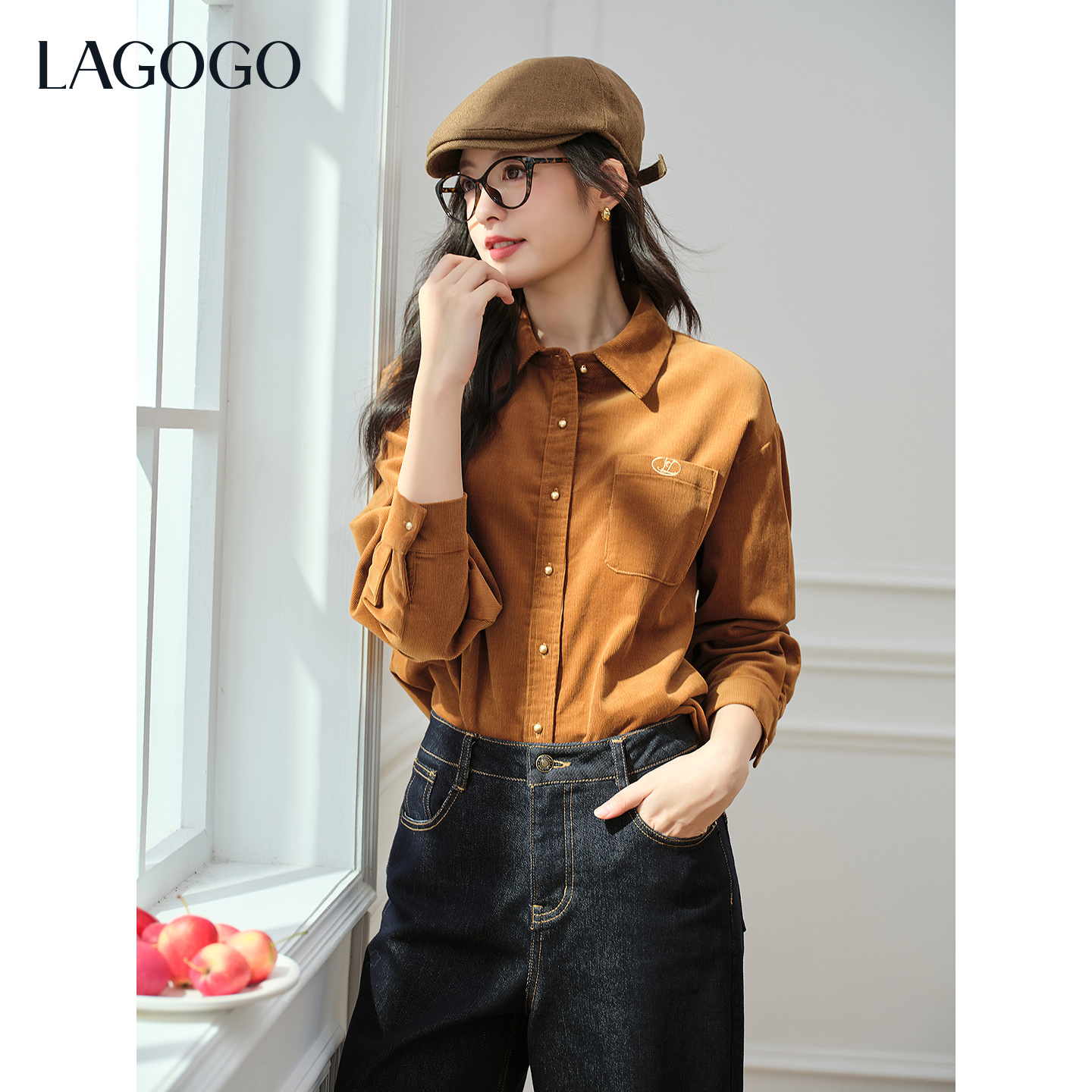 【芋总专属】lagogo新款领带学院风灯芯绒衬衫女OCCC419G21