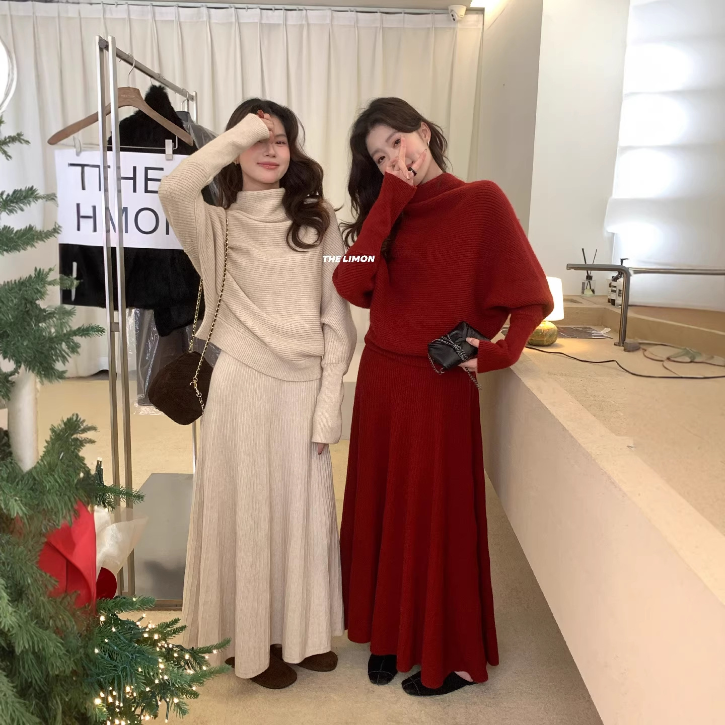 thelimon柠檬绿茶秋冬法式气质高领保暖毛衣+显瘦半身裙两件套装