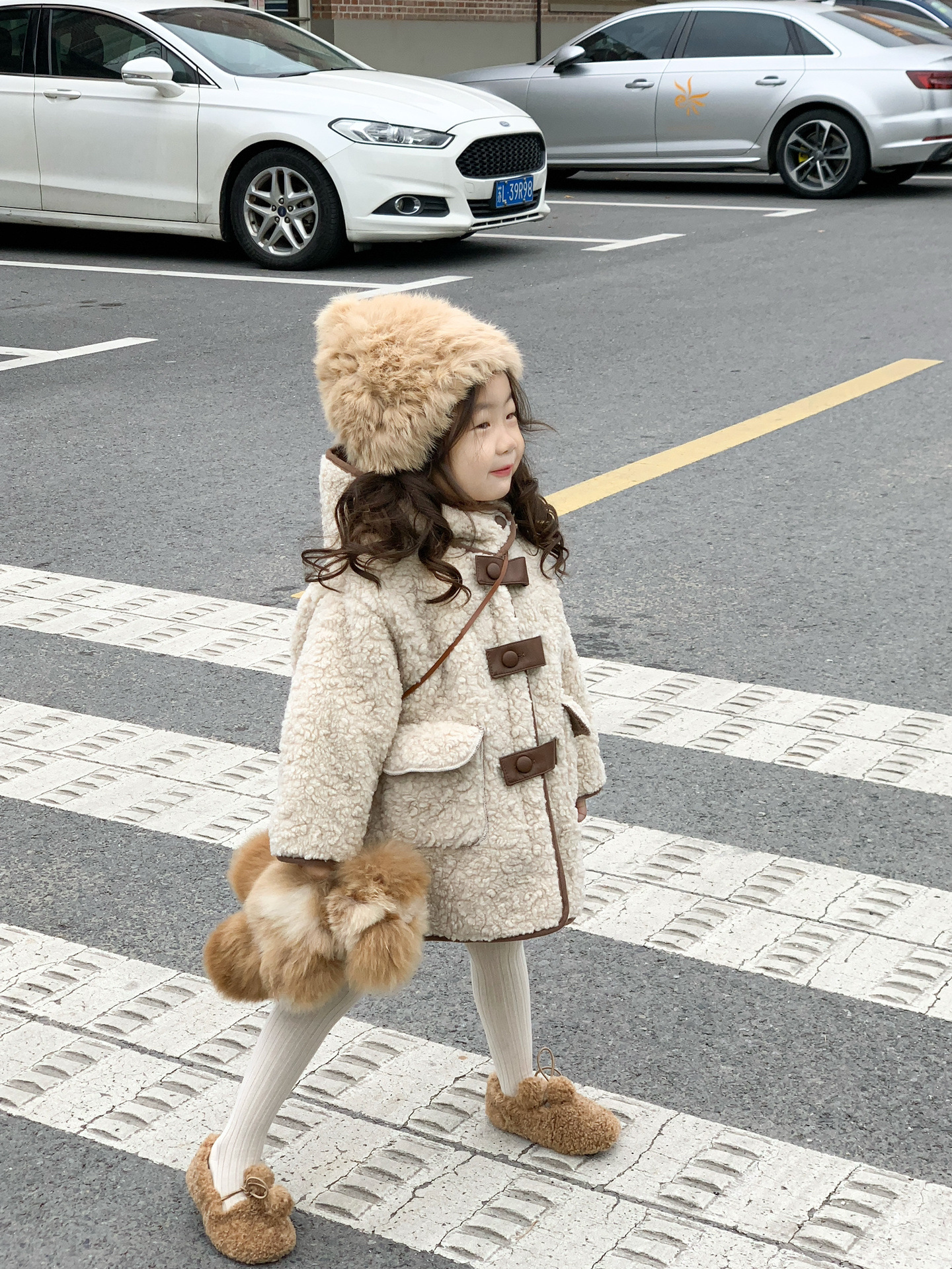 PAOFUPP女童冬款外套小女孩韩版双面羊羔绒大衣连帽儿童洋气童装