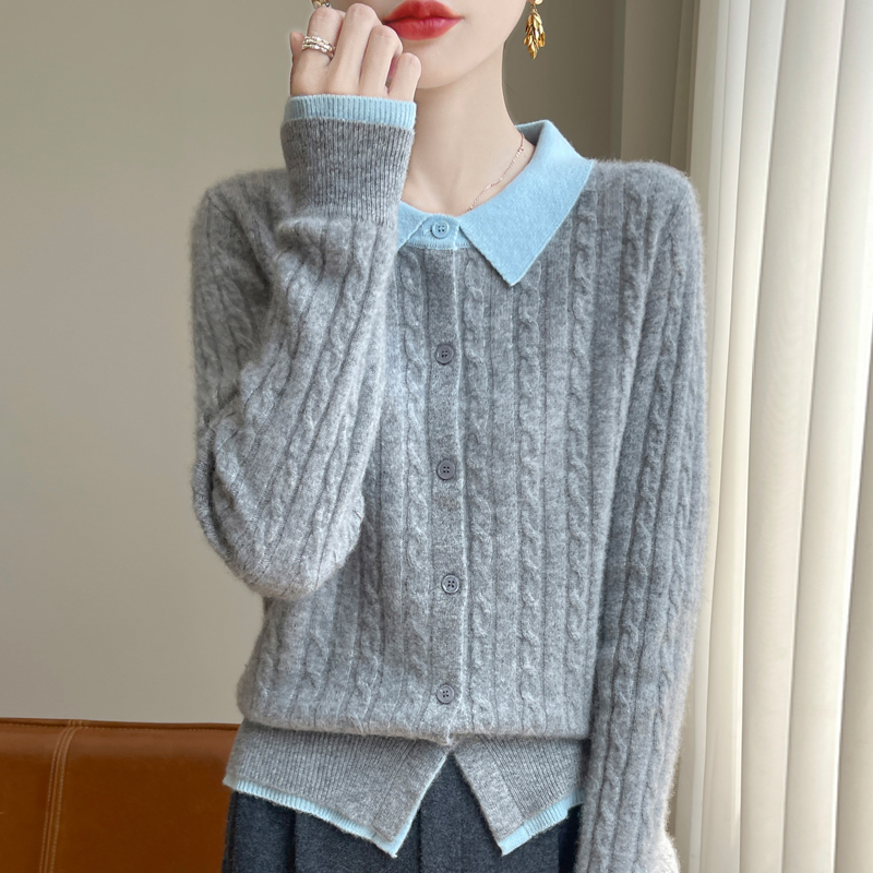 重磅100羊毛！时尚刺绣假两件撞色开衫针织打底衫  NJR-470