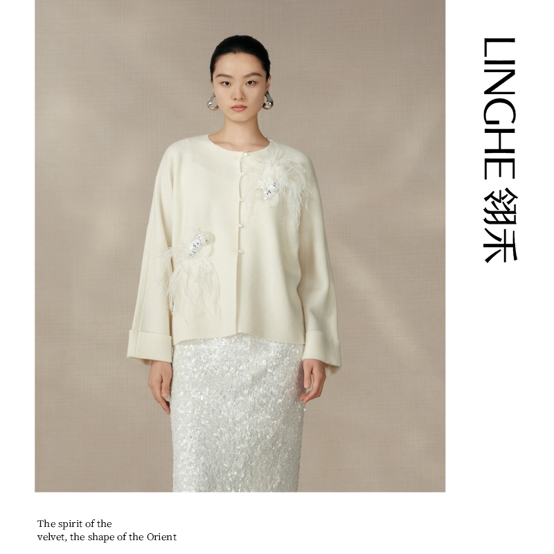 翎禾LINGHE-「逍遥游」长袖圆领宽松山羊绒外套针织开衫