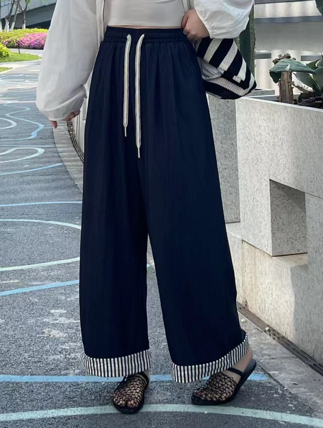 夏季新款翻边垂垂天丝牛仔阔腿九分休闲裤