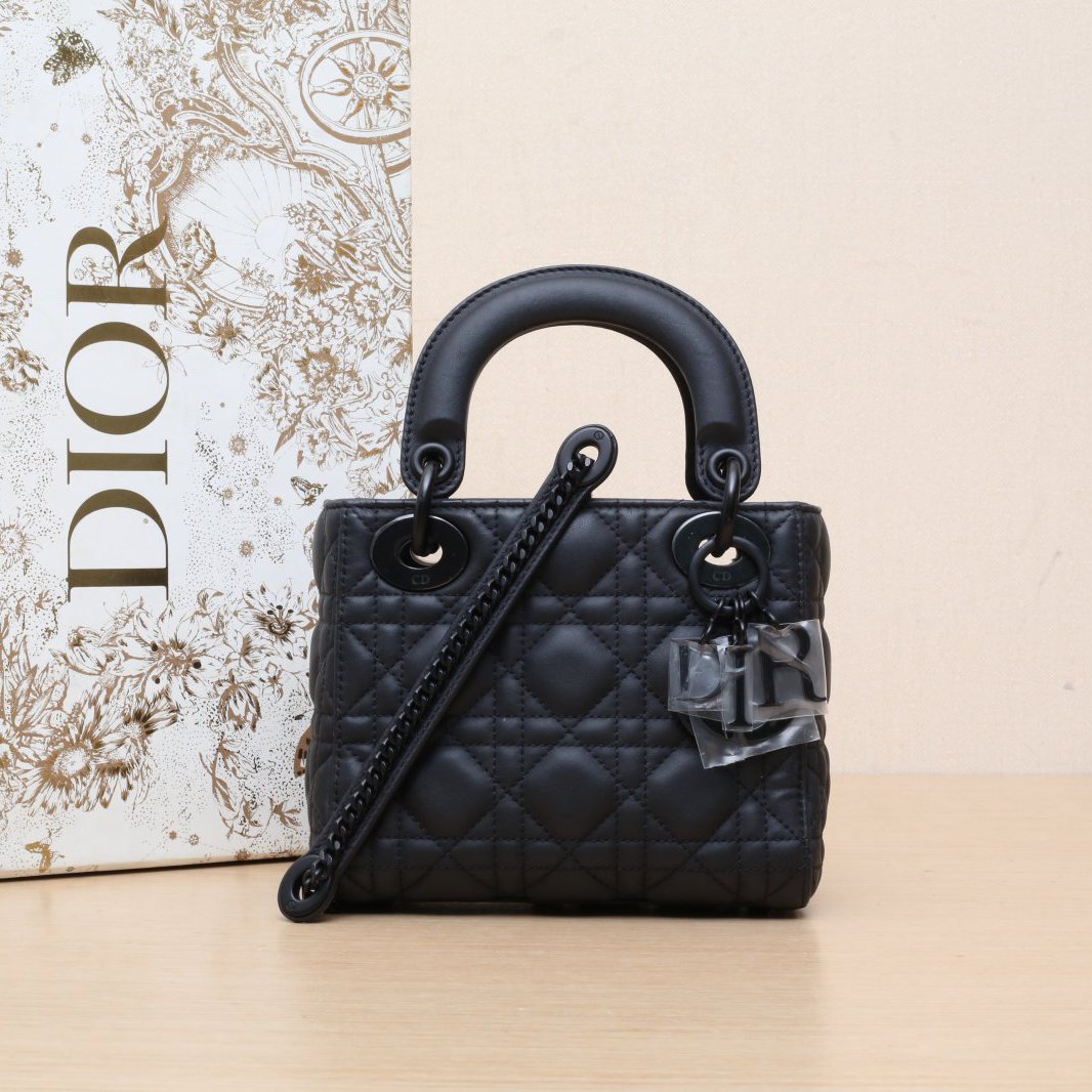 95新 DIOR/迪奥 【娇】戴妃单肩包三格黑色 皮革S 2020 P225582172
