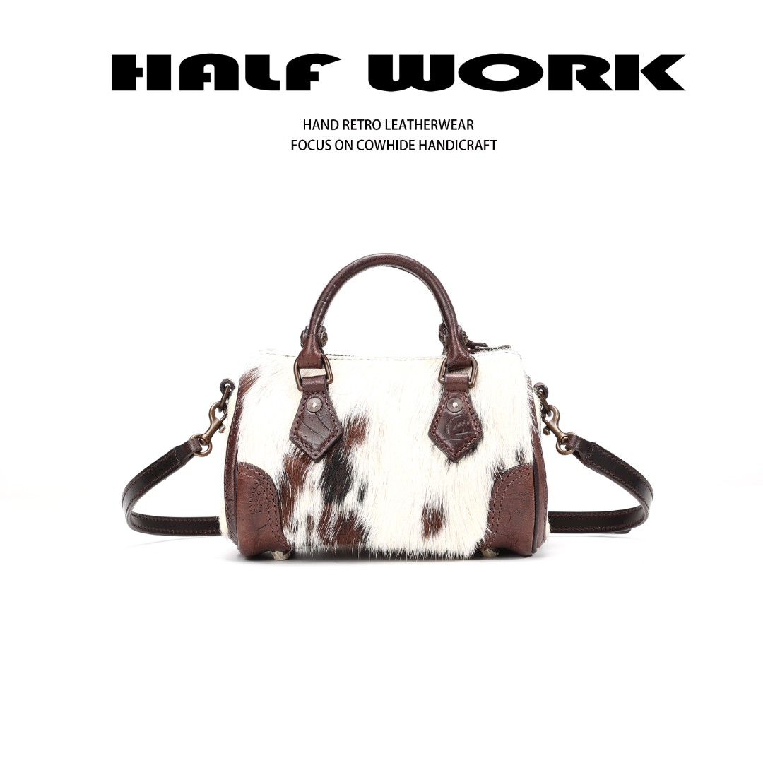 HALF WORK/伴工新款高定雕花奶牛头层牛皮手提斜跨波士顿KB-3260