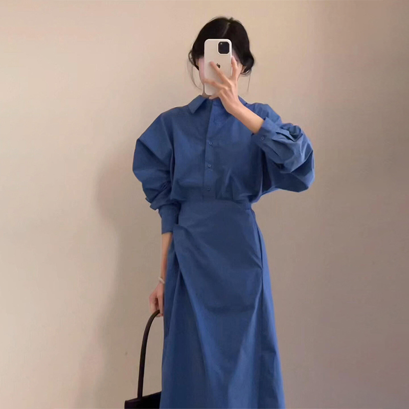 开春穿搭蓝色长袖衬衫连衣裙子女早春季2025新爆款高级感套装1551