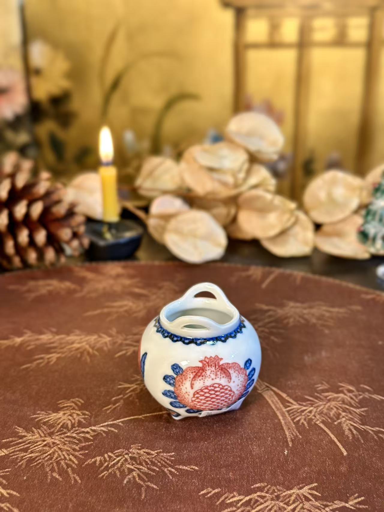 勤义堂 青花釉里红三多小香炉