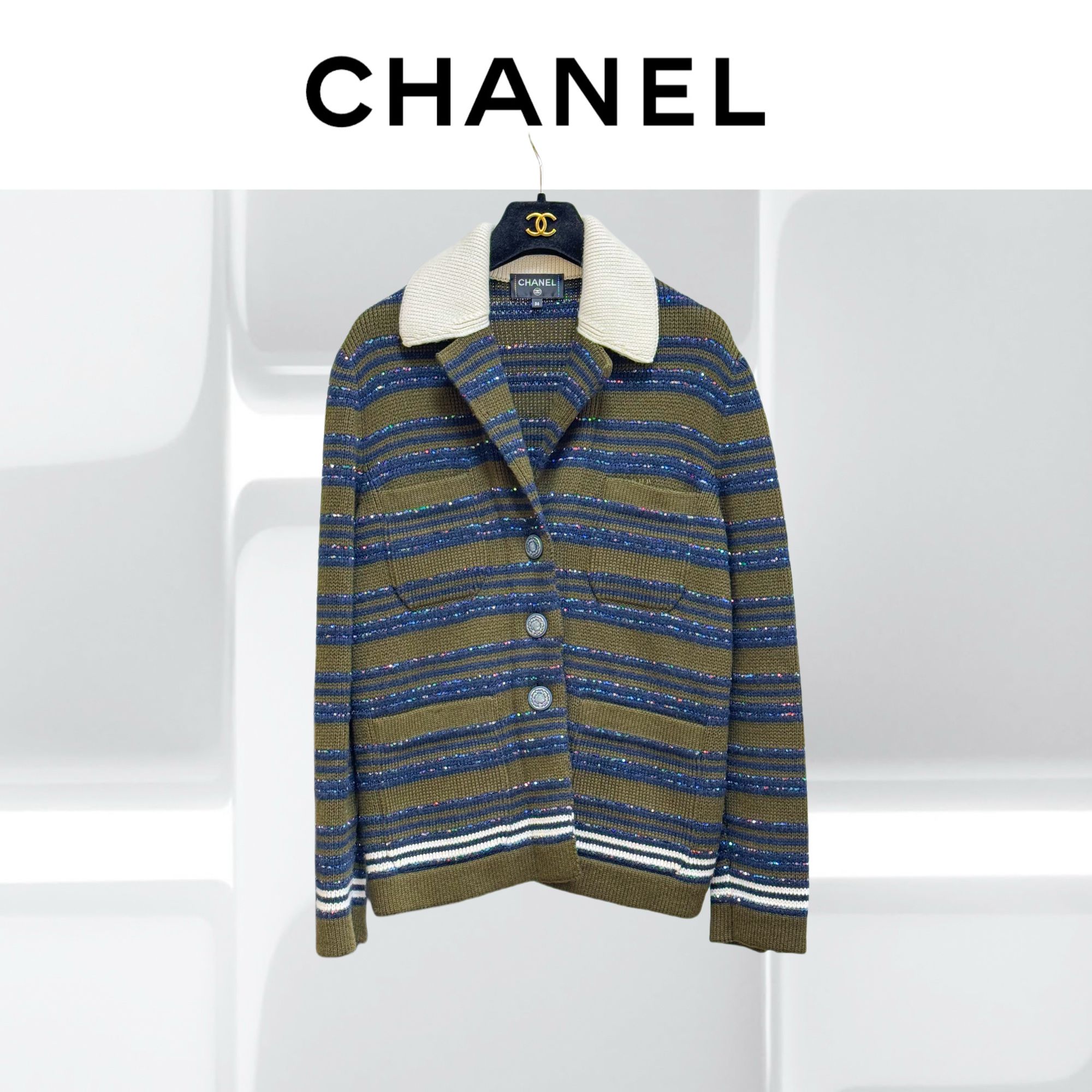 99新 Chanel/香奈儿 36码20C蓝绿亮片条纹拼白色翻领长袖开衫